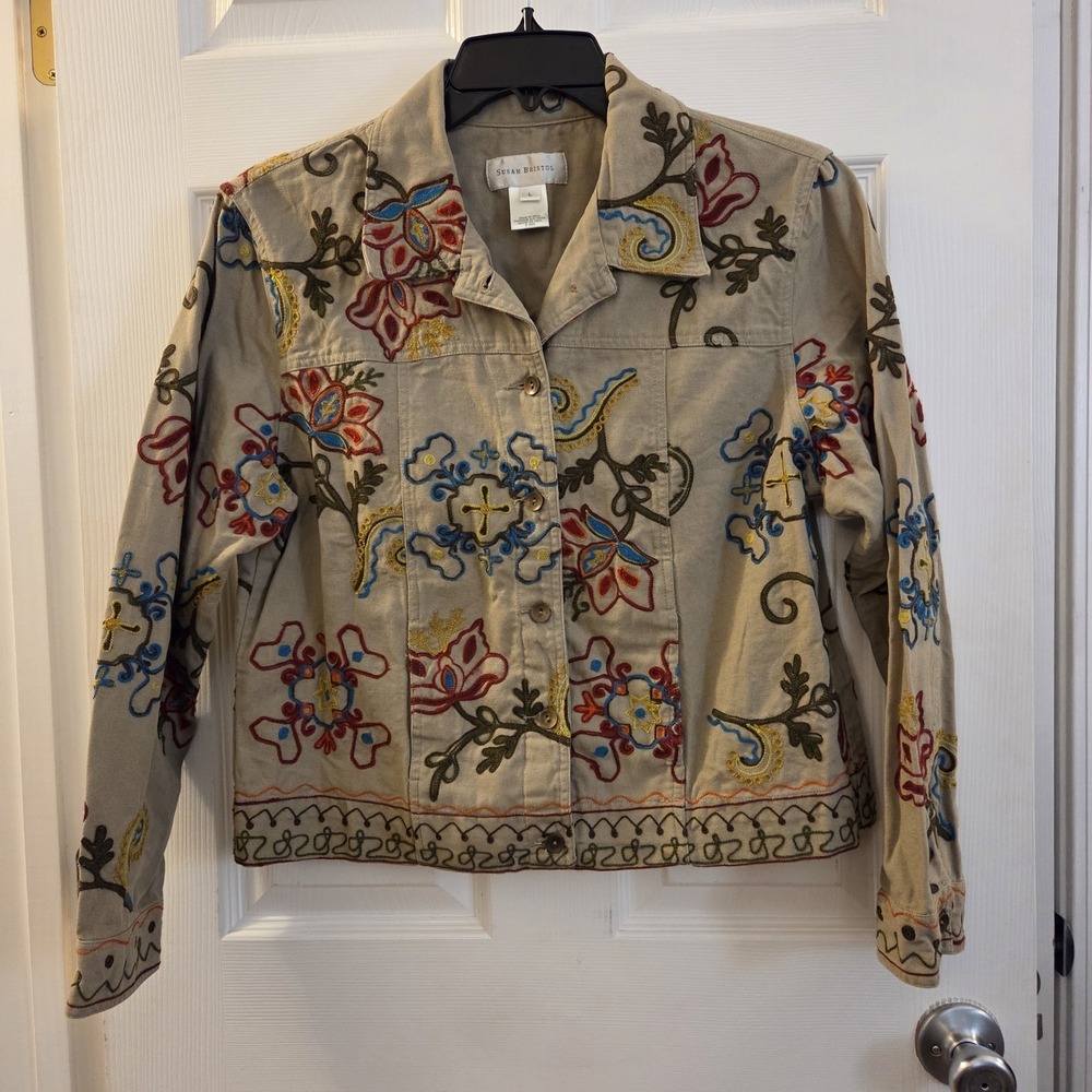 VTG Susan Bristol sz L floral Embroidered Khaki Jacket lightweight artsy cottage